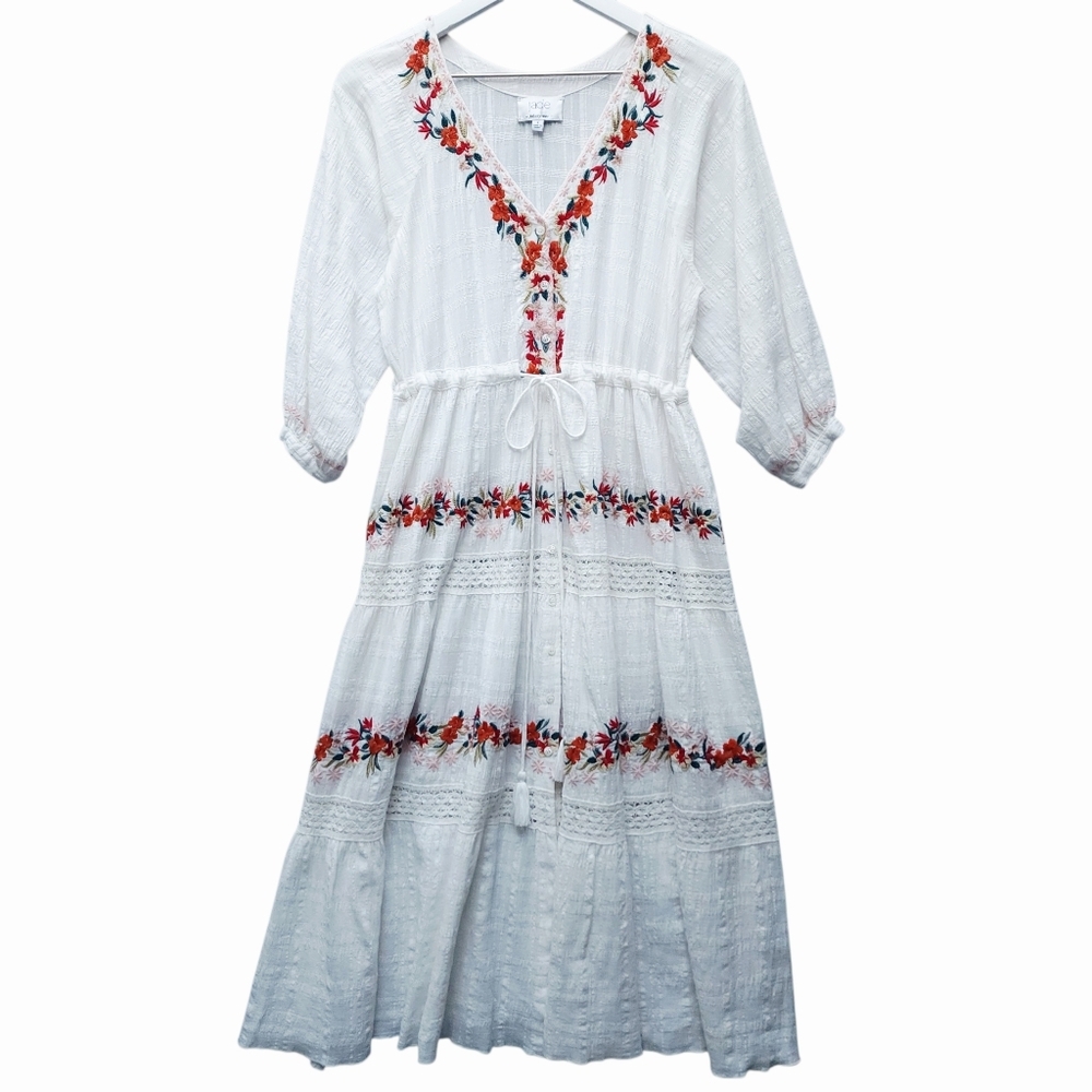 Johnny Was Jade White Boho Midi Dress with Red Floral Embroidery